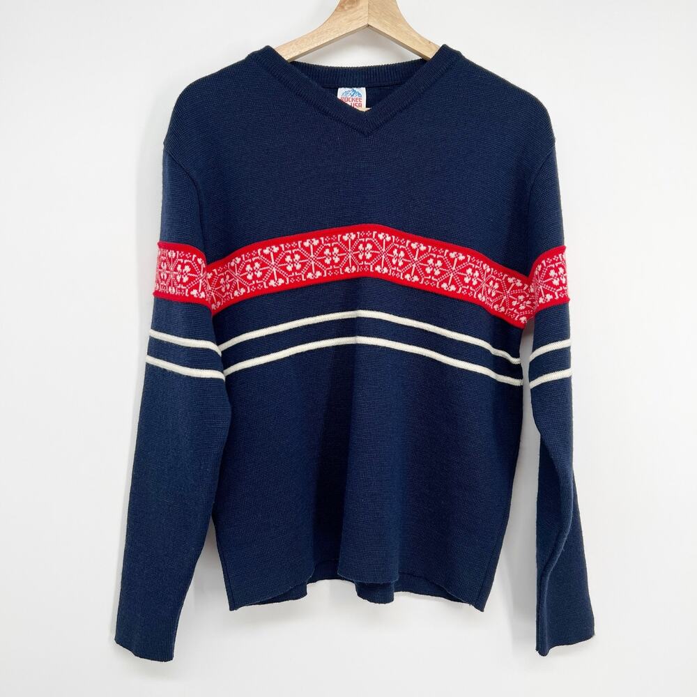 Vtg Rockee USA Sweater 100% Rocky Mountain Wool Nordic Blue Red Medium V Neck